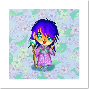 cute chibi elf in purple kimono for dnd and manga fans Posters and Art